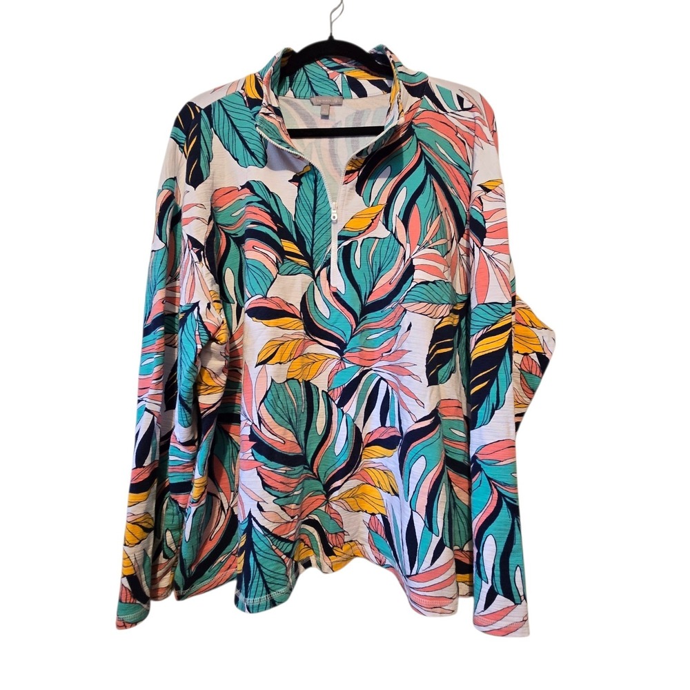 T by Talbots 1/4 Zip Tropical Leaf Print Shirt Women's Plus 3X Outdoor Sun Beach